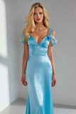 Sky Blue Satin Sheath Cold Shoulder Long Wedding Guest Dress with Bow