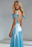 Sky Blue Satin Sheath Cold Shoulder Long Wedding Guest Dress with Bow