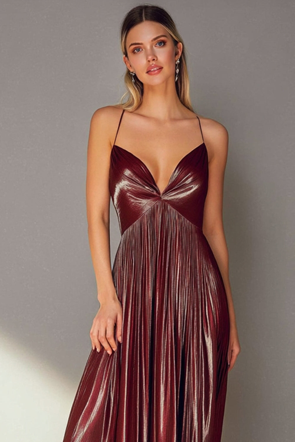 Coffee Pleated Sheath Spaghetti Straps Long Wedding Guest Dress