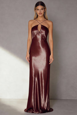 Coffee Sheath Satin Spaghetti Straps Long Wedding Guest Dress with Keyhole