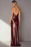 Coffee Sheath Satin Spaghetti Straps Long Wedding Guest Dress with Keyhole