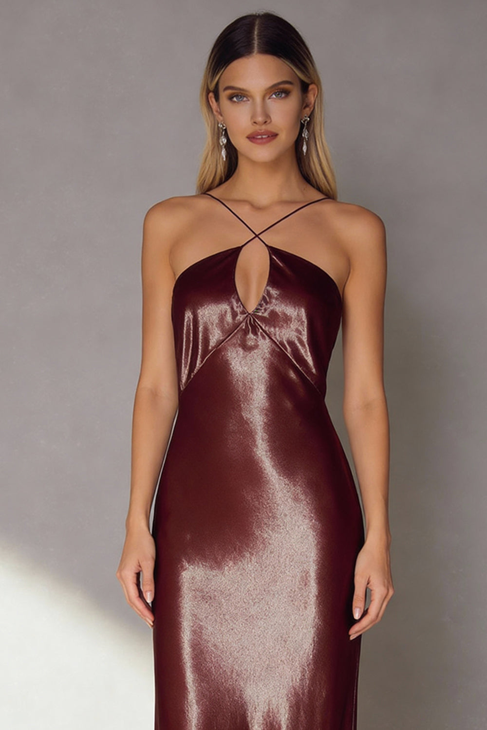 Coffee Sheath Satin Spaghetti Straps Long Wedding Guest Dress with Keyhole