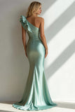 Light Green Satin Mermaid One Shoulder Long Ruffled Wedding Guest Dress