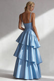 Light Blue Spaghetti Straps Satin Long Wedding Guest Dress with Ruffles