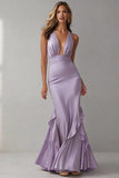 Lilac Mermaid Halter Neck Long Wedding Guest Dress with Ruffles