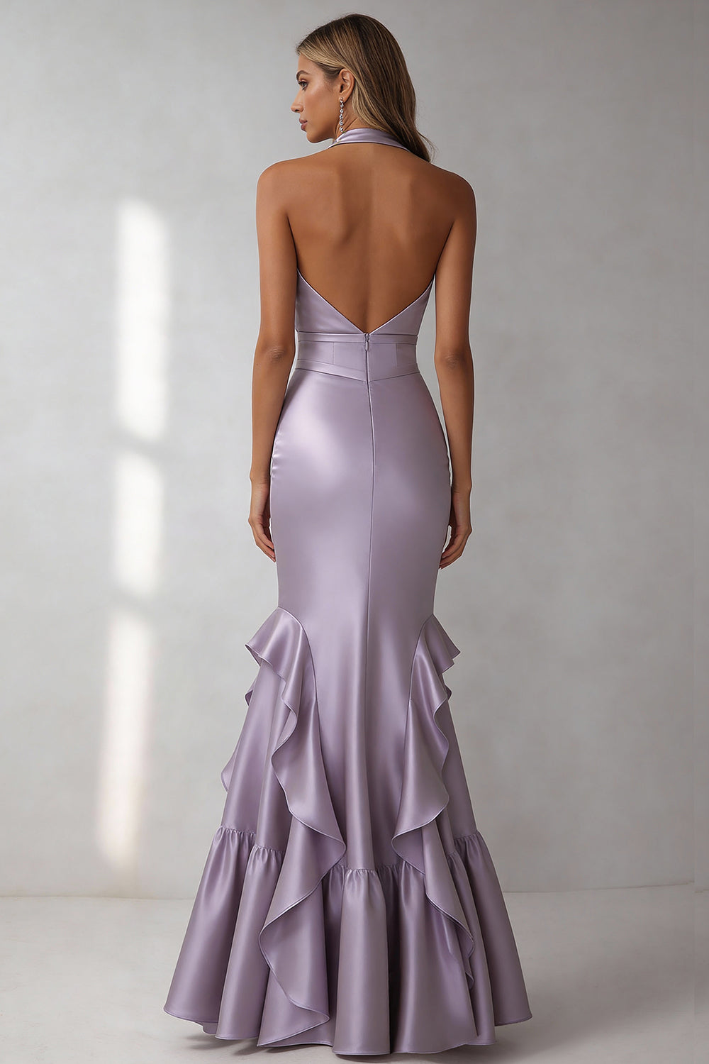 Lilac Mermaid Halter Neck Long Wedding Guest Dress with Ruffles