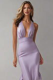 Lilac Mermaid Halter Neck Long Wedding Guest Dress with Ruffles