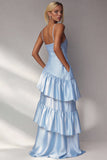 Light Blue Tiered A Line Spaghetti Straps Long Wedding Guest Dress