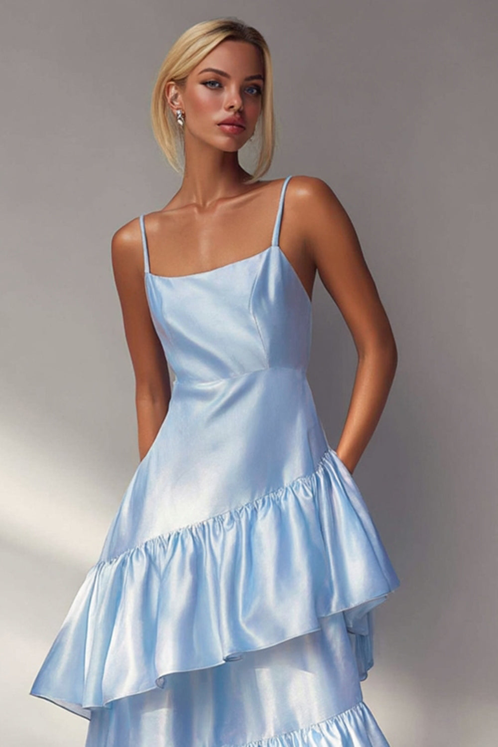 Light Blue Tiered A Line Spaghetti Straps Long Wedding Guest Dress