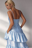 Light Blue Tiered A Line Spaghetti Straps Long Wedding Guest Dress