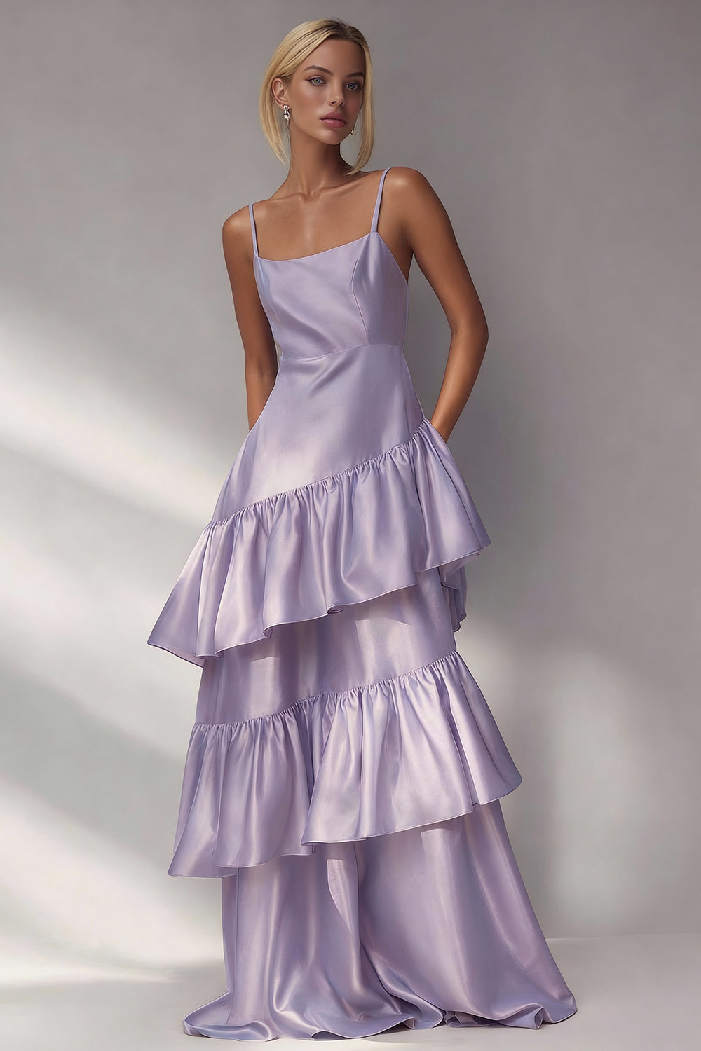 Light Blue Tiered A Line Spaghetti Straps Long Wedding Guest Dress