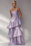 Light Blue Tiered A Line Spaghetti Straps Long Wedding Guest Dress