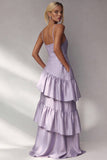 Light Blue Tiered A Line Spaghetti Straps Long Wedding Guest Dress