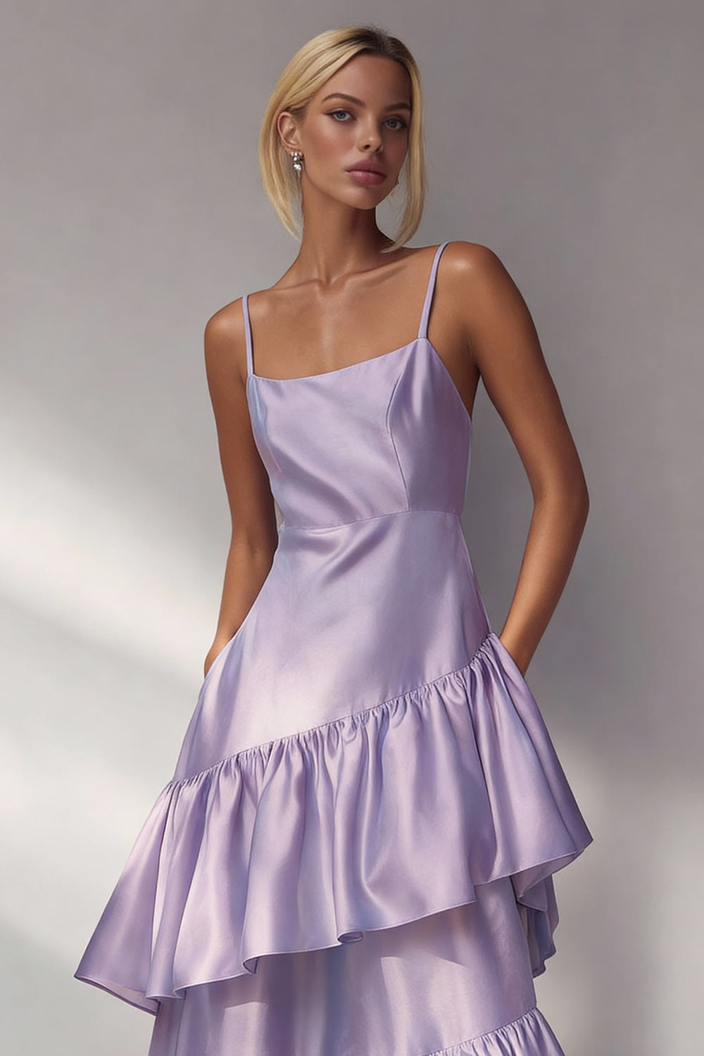 Light Blue Tiered A Line Spaghetti Straps Long Wedding Guest Dress