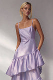 Light Blue Tiered A Line Spaghetti Straps Long Wedding Guest Dress