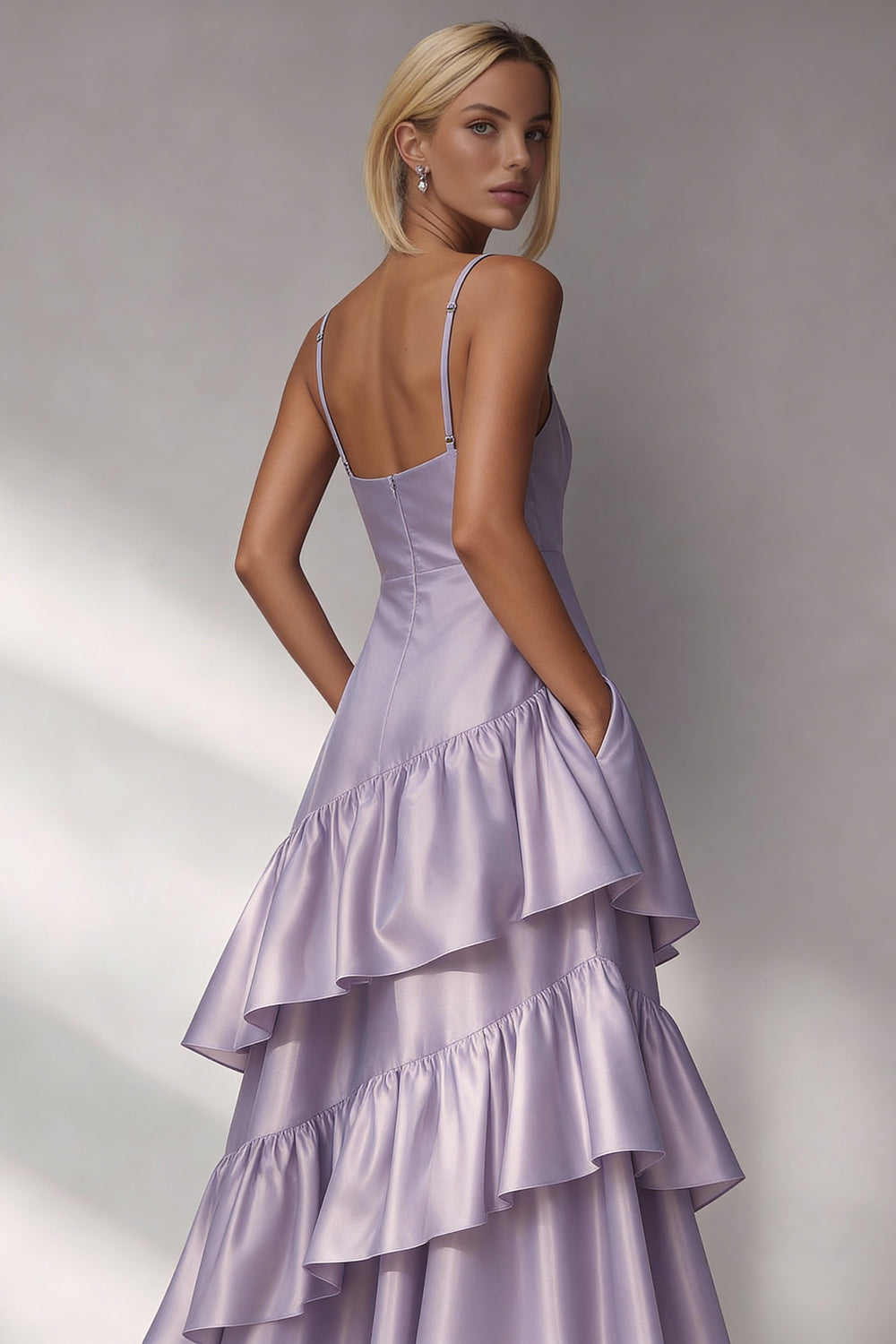 Light Blue Tiered A Line Spaghetti Straps Long Wedding Guest Dress