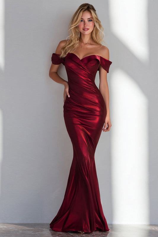 Burgundy Satin Mermaid Off the Shoulder Long Wedding Guest Dress