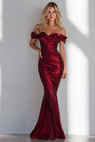 Burgundy Satin Mermaid Off the Shoulder Long Wedding Guest Dress