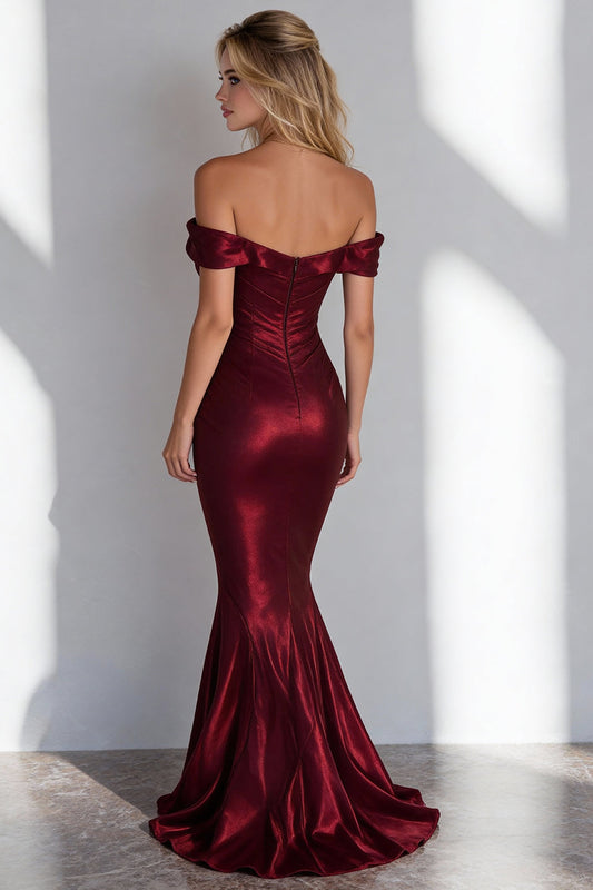 Burgundy Satin Mermaid Off the Shoulder Long Wedding Guest Dress