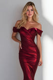 Burgundy Satin Mermaid Off the Shoulder Long Wedding Guest Dress