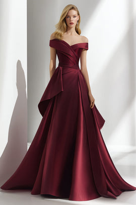 Burgundy A Line Satin Off the Shoulder Long Wedding Guest Dress