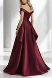 Burgundy A Line Satin Off the Shoulder Long Wedding Guest Dress