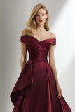 Burgundy A Line Satin Off the Shoulder Long Wedding Guest Dress