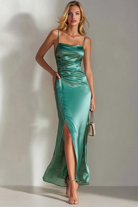 Emerald Green Sheath Satin Spaghetti Straps Long Wedding Guest Dress with Slit