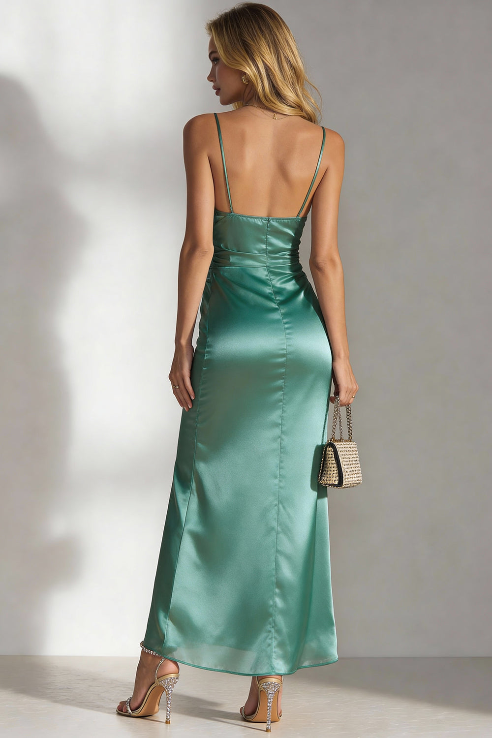 Emerald Green Sheath Satin Spaghetti Straps Long Wedding Guest Dress with Slit