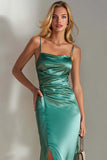Emerald Green Sheath Satin Spaghetti Straps Long Wedding Guest Dress with Slit