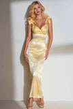 Yellow Mermaid Thick Straps Satin Long Wedding Guest Dress with Bows