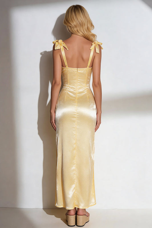Yellow Mermaid Thick Straps Satin Long Wedding Guest Dress with Bows