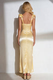 Yellow Mermaid Thick Straps Satin Long Wedding Guest Dress with Bows