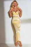 Yellow Mermaid Thick Straps Satin Long Wedding Guest Dress with Bows