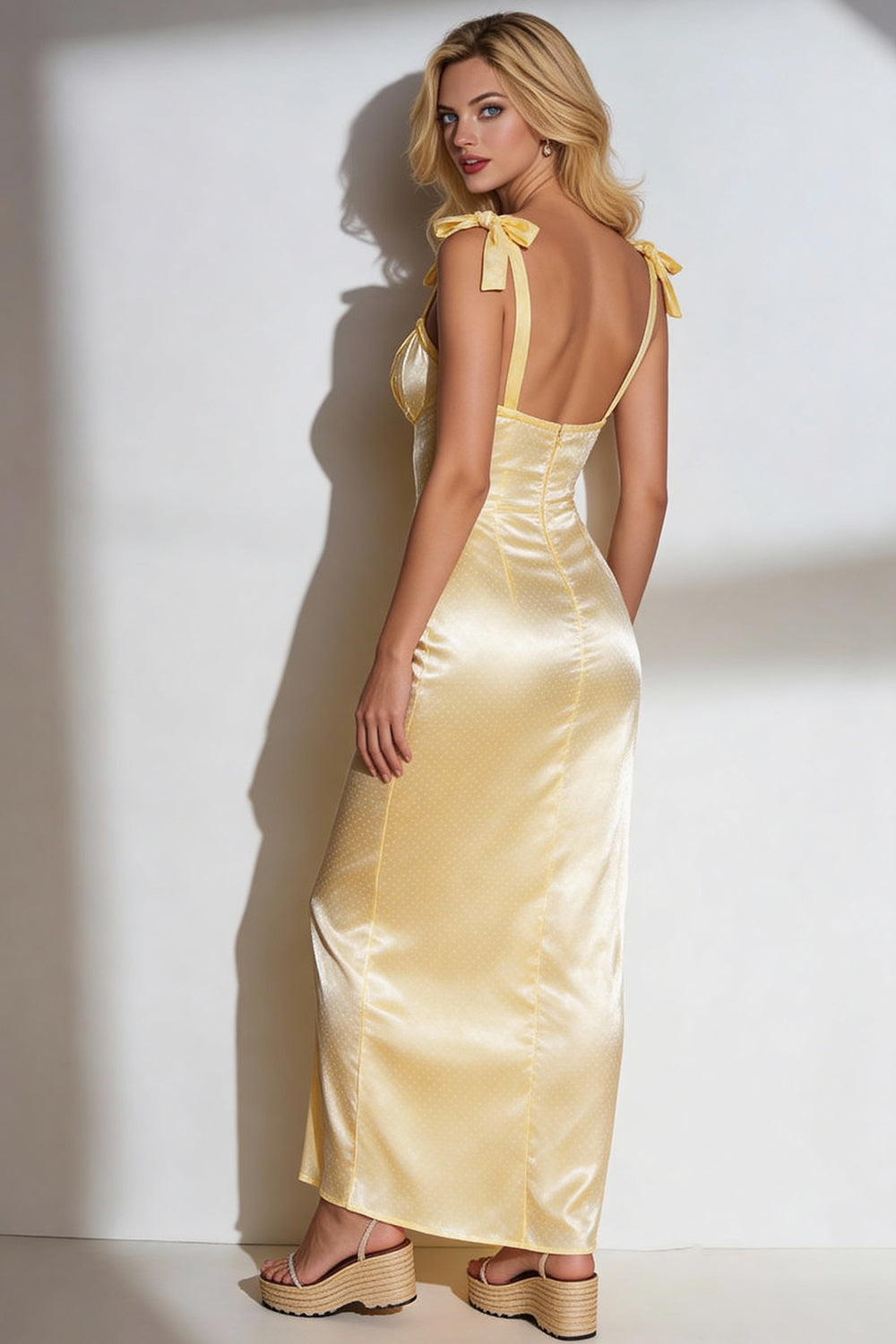 Yellow Mermaid Thick Straps Satin Long Wedding Guest Dress with Bows