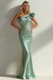 Sage Green Satin Mermaid Ruffled One Shoulder Long Wedding Guest Dress