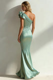 Sage Green Satin Mermaid Ruffled One Shoulder Long Wedding Guest Dress