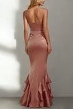 Dusty Rose Mermaid Ruffled V-Neck Long Wedding Guest Dress