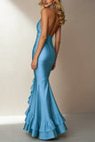 Sky Blue Halter Neck Mermaid Long Wedding Guest Dress with Ruffles