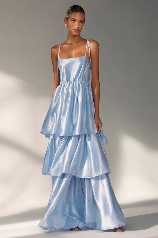 Flowy Light Blue A Line Tiered Long Wedding Guest Dress with Ruffles