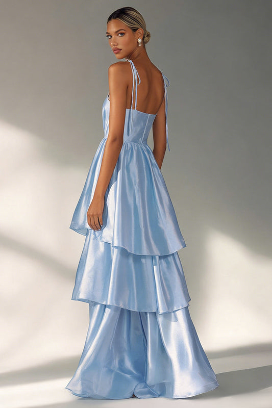 Flowy Light Blue A Line Tiered Long Wedding Guest Dress with Ruffles