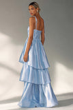 Flowy Light Blue A Line Tiered Long Wedding Guest Dress with Ruffles