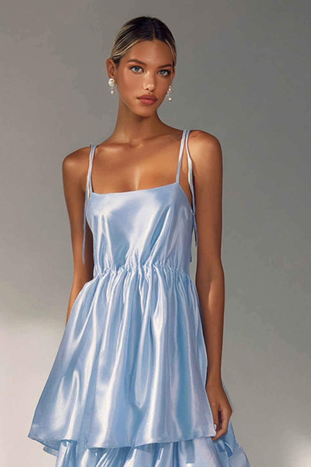 Flowy Light Blue A Line Tiered Long Wedding Guest Dress with Ruffles