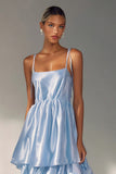 Flowy Light Blue A Line Tiered Long Wedding Guest Dress with Ruffles