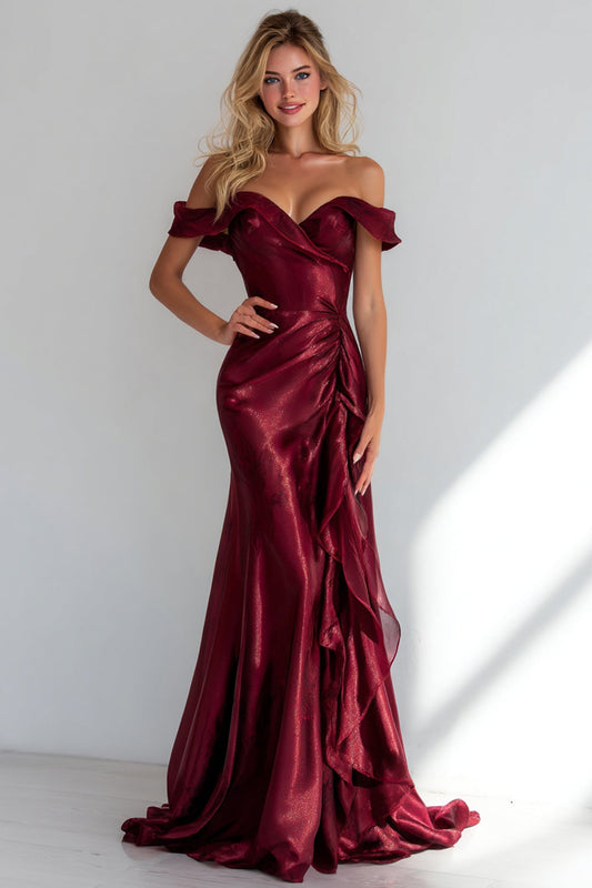 Burgundy Mermaid Off the Shoulder Long Wedding Guest Dress with Ruffles