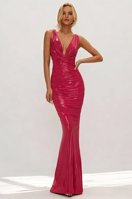 Fuchsia Mermaid Metallic V-Neck Ruched Long Wedding Guest Dress
