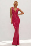 Fuchsia Mermaid Metallic V-Neck Ruched Long Wedding Guest Dress
