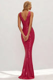Fuchsia Mermaid Metallic V-Neck Ruched Long Wedding Guest Dress