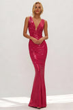 Fuchsia Mermaid Metallic V-Neck Ruched Long Wedding Guest Dress