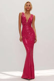 Fuchsia Mermaid Metallic V-Neck Ruched Long Wedding Guest Dress